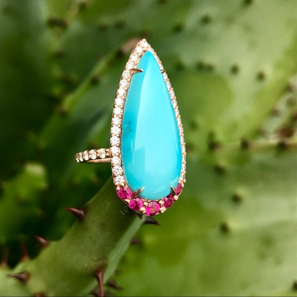 Sleeping beauty turquoise, diamond & ruby ring - Picture 7 of 8